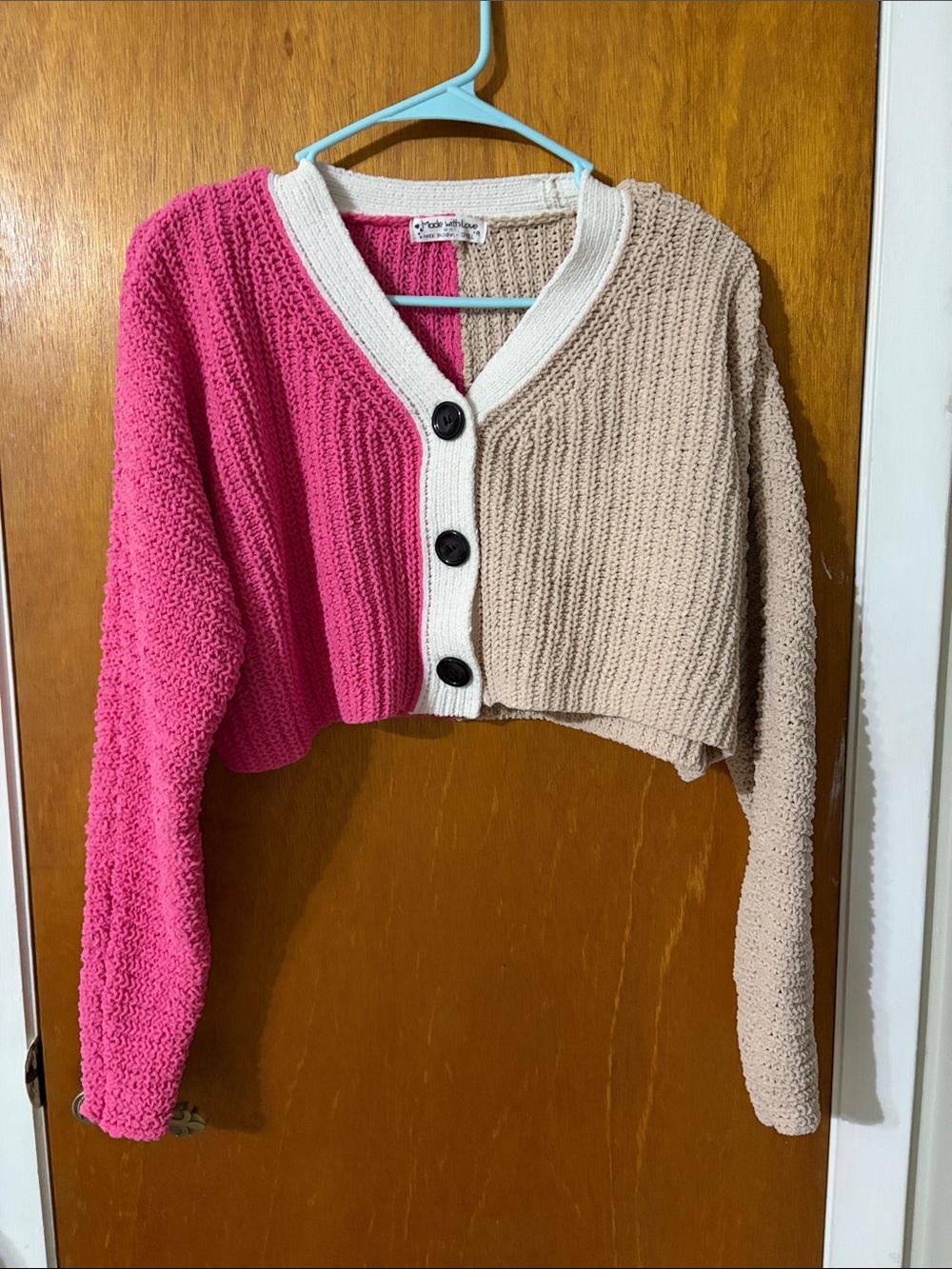 Cropped Pink & Beige Colorblock Cardigan with Contrast Trim